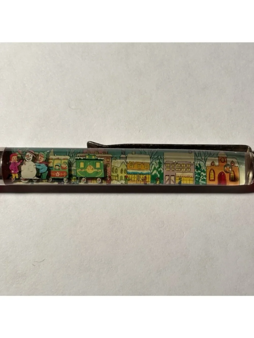 Merry Christmas Floaty Pen Santa Claus Train Moves Snowy Town Vintage Holiday